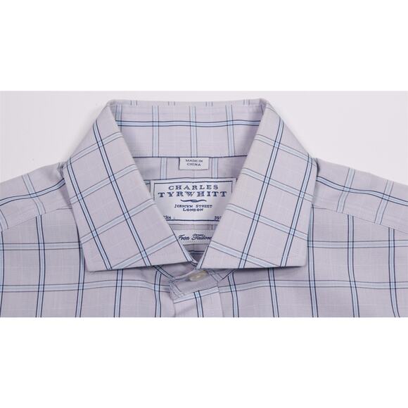 Charles Tyrwhitt Gray Blue Check Non-Iron Tailored Fit Dress Shirt (39) 15.5-33 - Picture 5 of 7